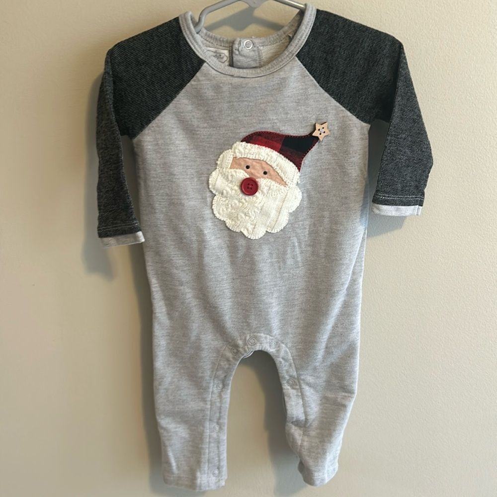 Mud Pie Baby Christmas Romper 6-9 Months Santa Applique Buffalo Plaid Gray